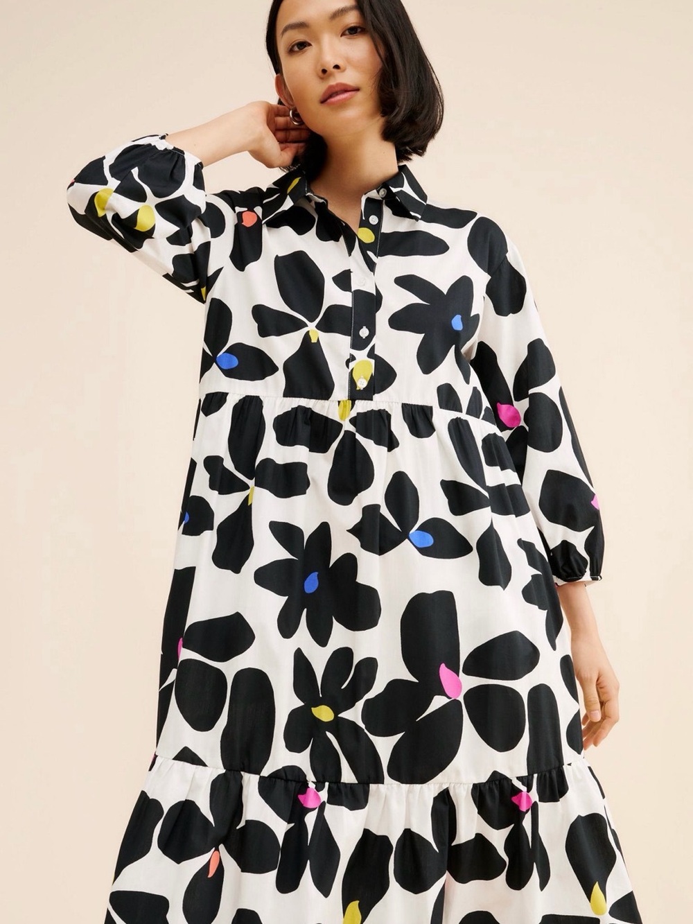 โจ Maeve The Bettina Tiered Shirt Dress Size Large Floral Midi Dress - Picture 2 of 14